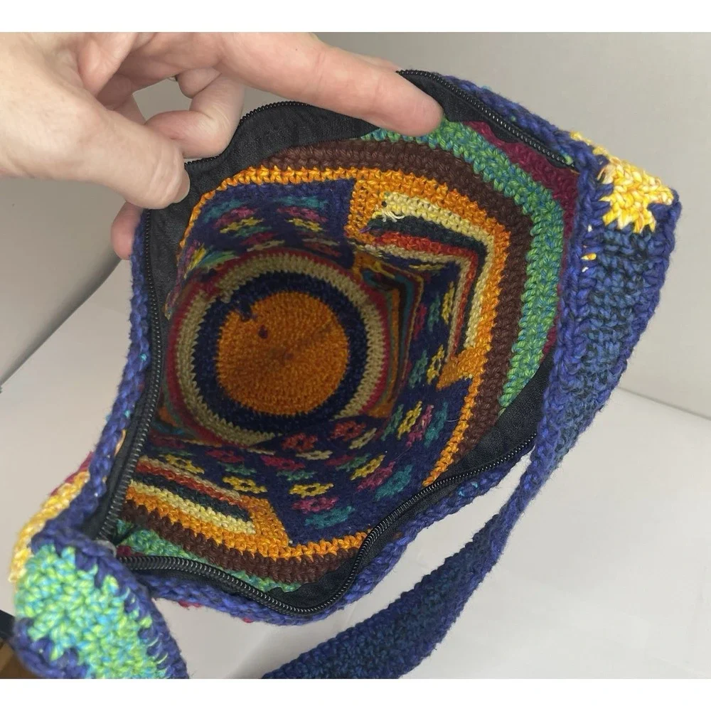 Guatamalan Woven Hobo Bag Crossbody Purse With Zipper Blue Orange Yellow Floral